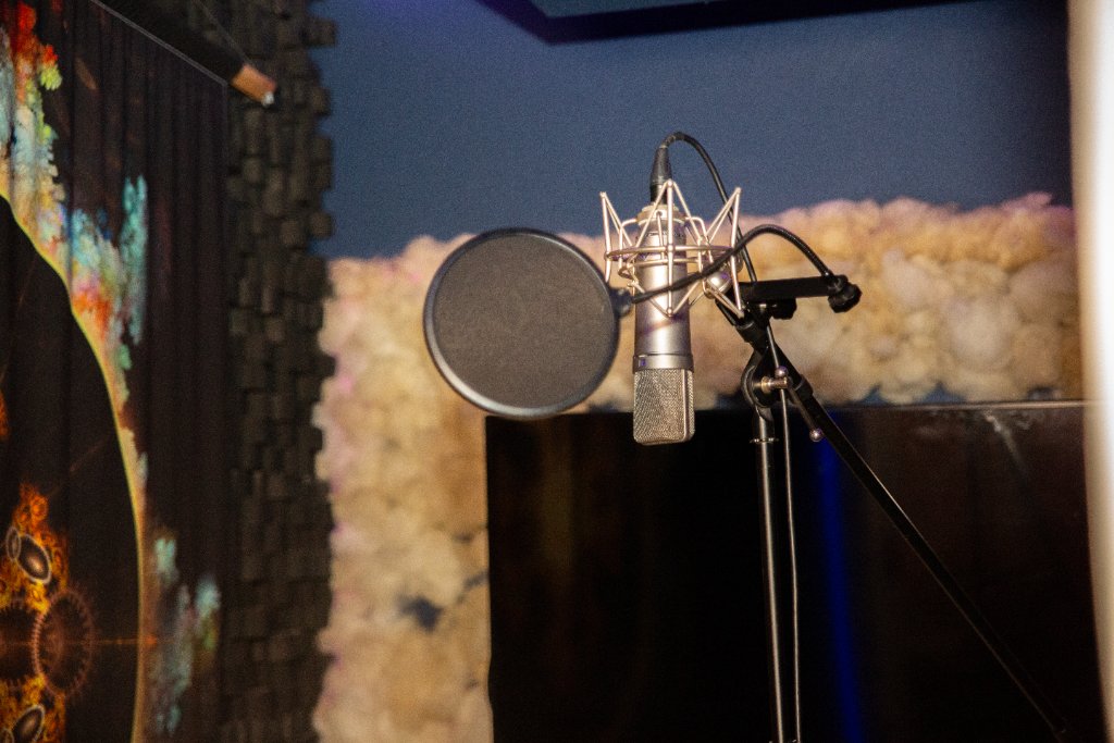 Condenser microphone and pop filter in the vocal booth