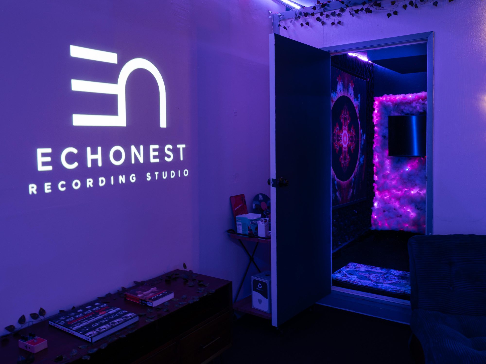 The entrance, EchoNest logo lit on the wall beside the door
